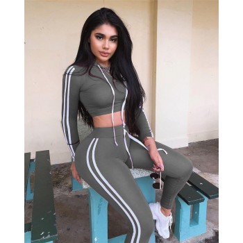 Fitness Casual 2 Piece Set Tracksuit Women Side Striped Hoodies Cropped Tops and Pants Jogger Two Piece Outfits
